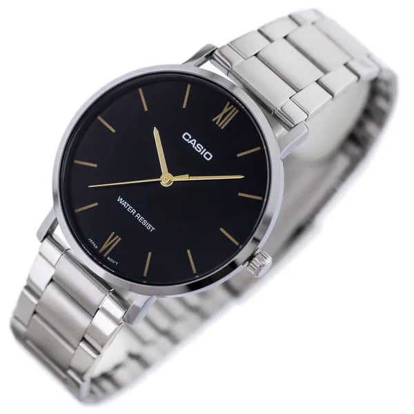 Casio MTP-VT01D-1B férfi karóra fekete számlappal, acél szíj, WR30