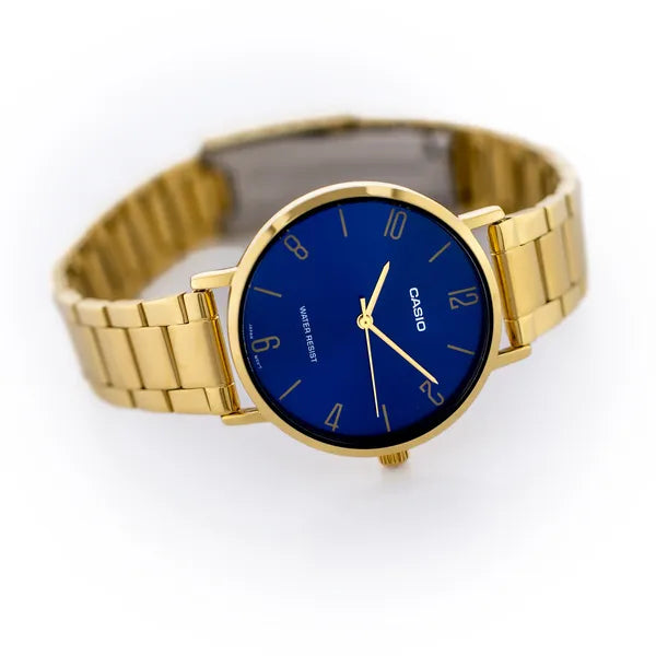 Casio MTP-VT01G-2B2 férfi karóra, arany nemesacél, 40 mm, kék számlap, WR30