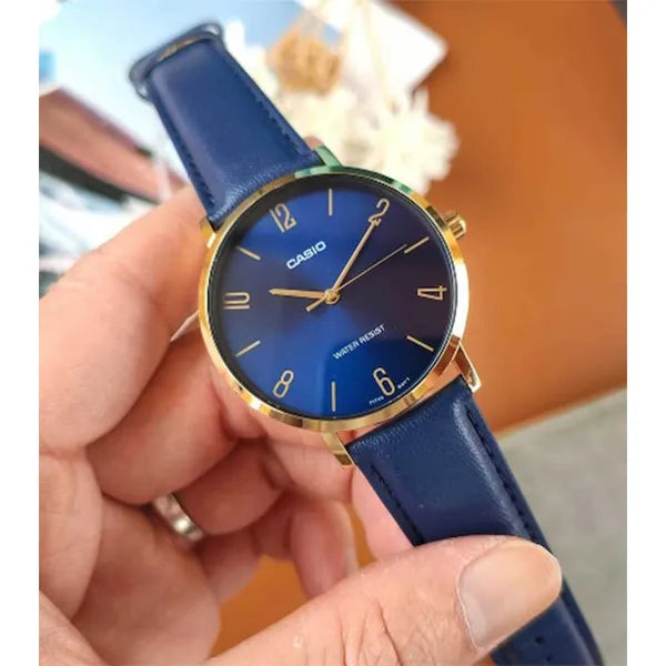 Casio MTP-VT01GL-2B2 férfi karóra, arany tok, kék bőrszíj