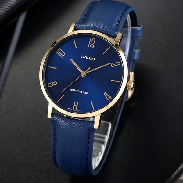 Casio MTP-VT01GL-2B2 férfi karóra, arany tok, kék bőrszíj