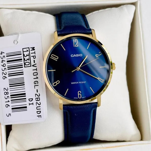 Casio MTP-VT01GL-2B2 férfi karóra, arany tok, kék bőrszíj
