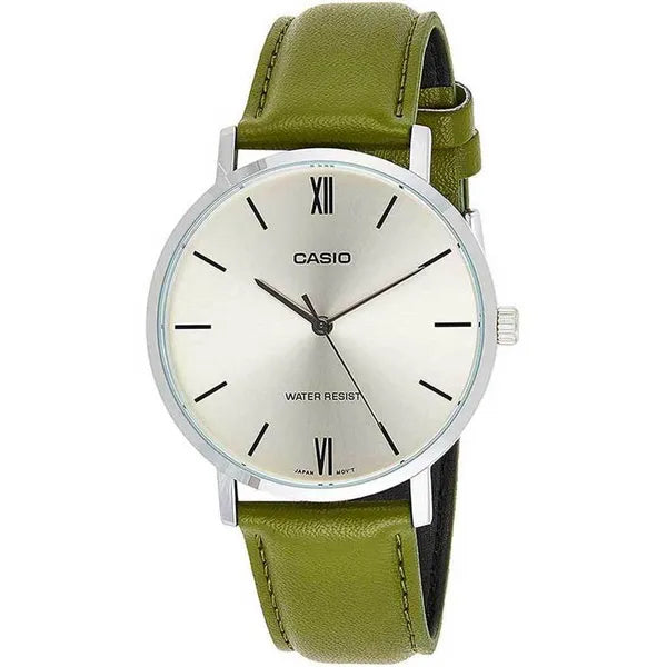 Casio MTP-VT01L-3B férfi karóra, 40 mm, zöld bőrszíj, gyöngyház számlap
