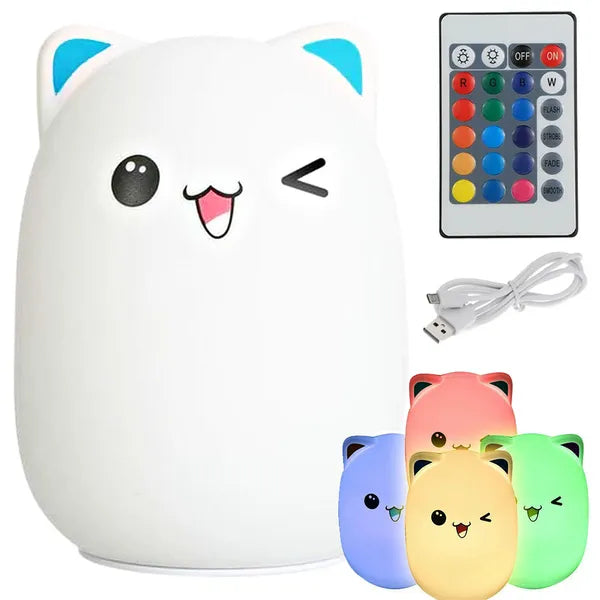 RGB színváltós macska alakú LED éjjeli lámpa, távirányító, USB tölthető