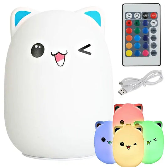 RGB színváltós macska alakú LED éjjeli lámpa, távirányító, USB tölthető