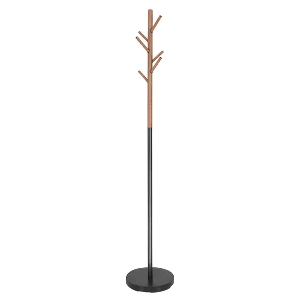 Álló ruhafogas, fekete-fa hatású, fém, 180 cm, 6 akasztó