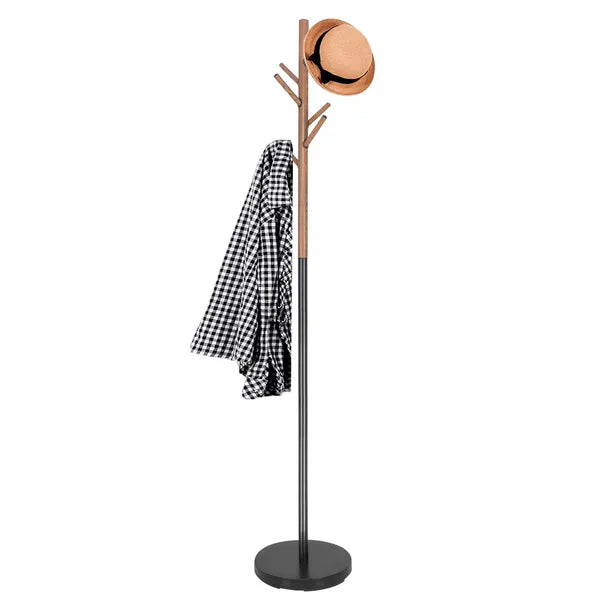Álló ruhafogas, fekete-fa hatású, fém, 180 cm, 6 akasztó
