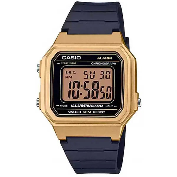 Casio W-217HM-9A uniszex digitális karóra, arany tok/fekete szíj, 50 m vízálló