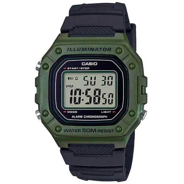 Casio W-218H-3A unisex digitális karóra, 43 mm, WR50, LED, fekete/zöld