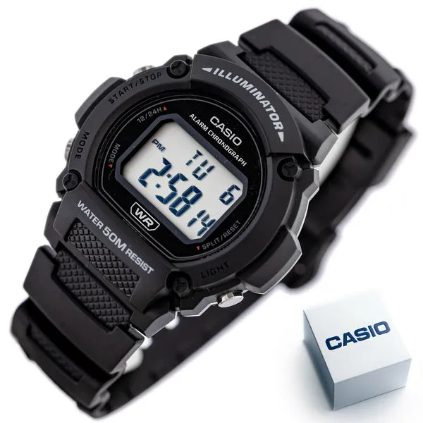 Casio W-219H-1A férfi digitális sportóra, fekete, WR50M LED