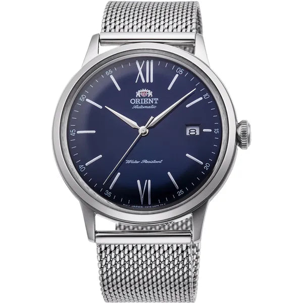 Orient Bambino V6 automata férfi karóra, kék számlap, acél szíj, 41 mm