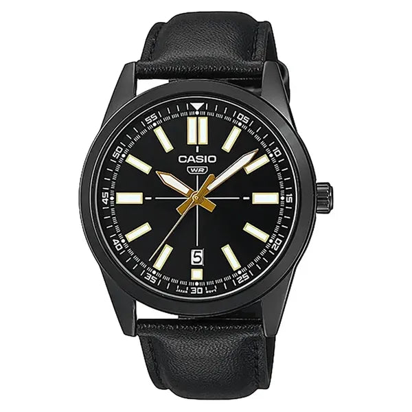 Casio MTP-VD02BL-1E férfi karóra, fekete bőr szíj, dátumkijelző