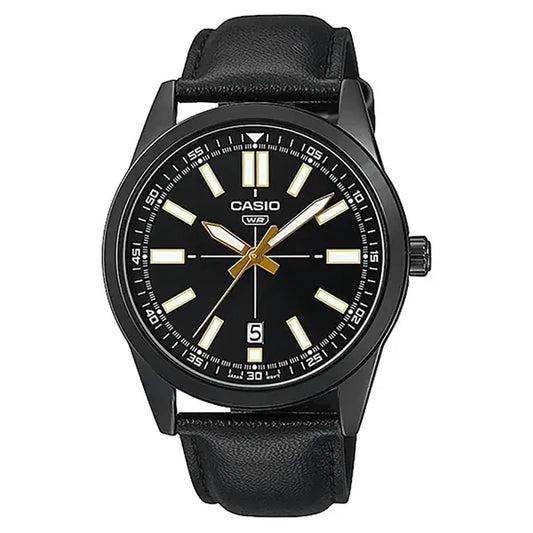 Casio MTP-VD02BL-1E férfi karóra, fekete bőr szíj, dátumkijelző