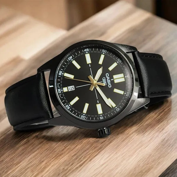 Casio MTP-VD02BL-1E férfi karóra, fekete bőr szíj, dátumkijelző