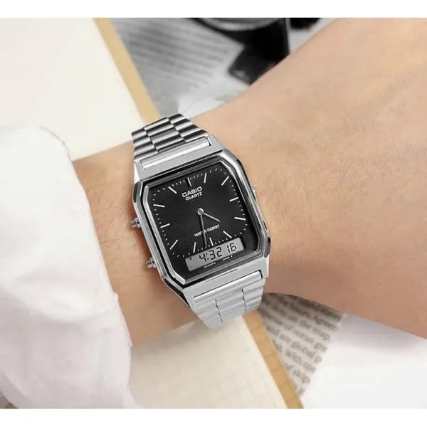 Casio Vintage AQ-230A-1DMQYES unisex quartz karóra acél szíjjal fekete WR30