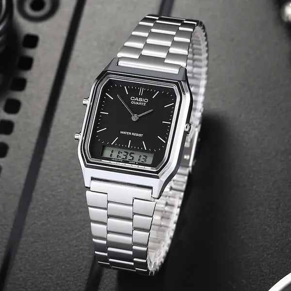 Casio Vintage AQ-230A-1DMQYES unisex quartz karóra acél szíjjal fekete WR30