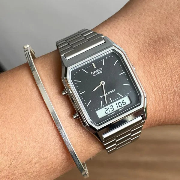 Casio Vintage AQ-230A-1DMQYES unisex quartz karóra acél szíjjal fekete WR30