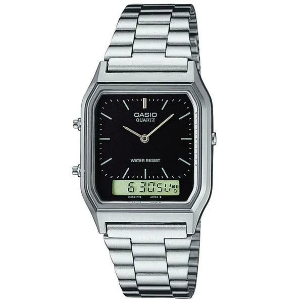 Casio Vintage AQ-230A-1DMQYES unisex quartz karóra acél szíjjal fekete WR30
