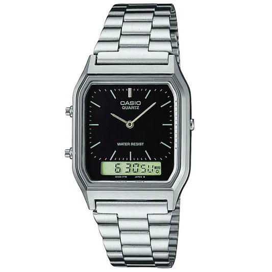 Casio Vintage AQ-230A-1DMQYES unisex quartz karóra acél szíjjal fekete WR30