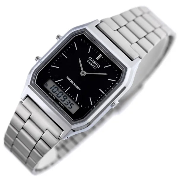 Casio Vintage AQ-230A-1DMQYES unisex quartz karóra acél szíjjal fekete WR30