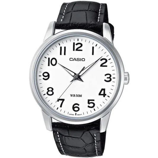 Casio MTP-1303L-7BVDF férfi karóra, bőrszíj, fehér számlap, WR50