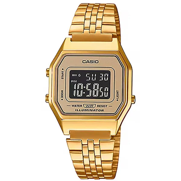 Casio Vintage LA680WGA-9B női digitális karóra arany acél WR30