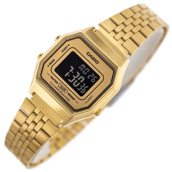 Casio Vintage LA680WGA-9B női digitális karóra arany acél WR30