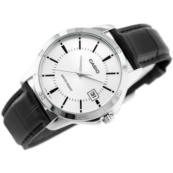 Casio MTP-V004L-7A férfi karóra, kvarc, fekete bőr szíj, ezüst számlap