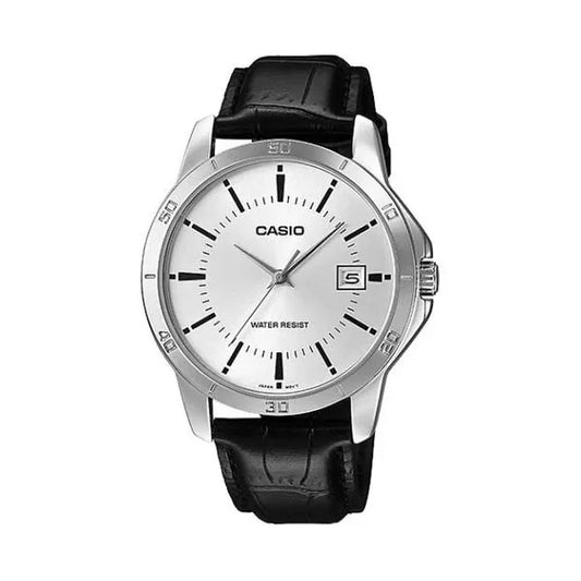 Casio MTP-V004L-7A férfi karóra, kvarc, fekete bőr szíj, ezüst számlap