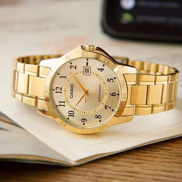 Casio MTP-V004G-9B férfi karóra, arany nemesacél, dátum, WR30