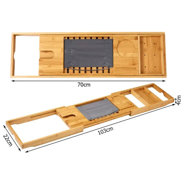 Állítható bambusz fürdőkád polc, 70–103 cm, bortartóval