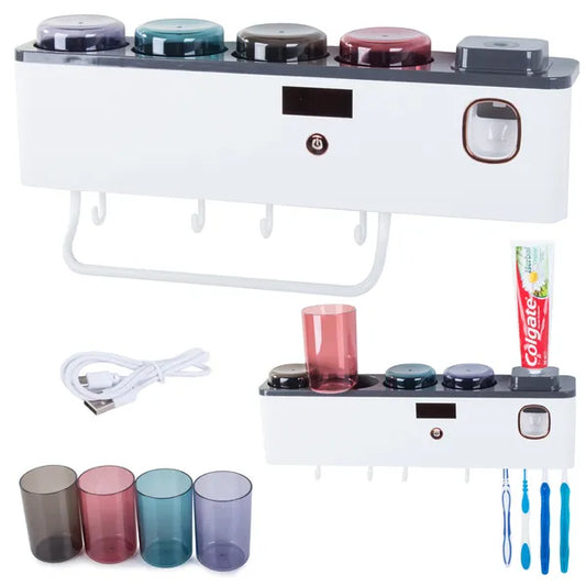 Fürdőszobai fogkefe- és pohártartó UV sterilizálóval, adagolóval, 4 csészével