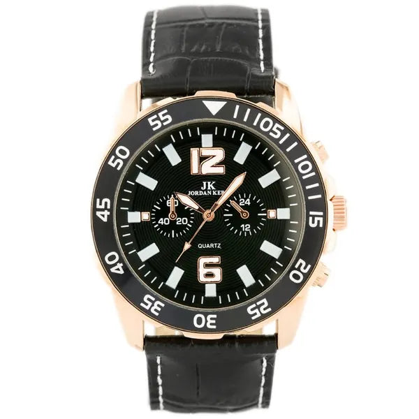 Férfi quartz karóra fekete bőr szíjjal, rosegold tok, 46 mm