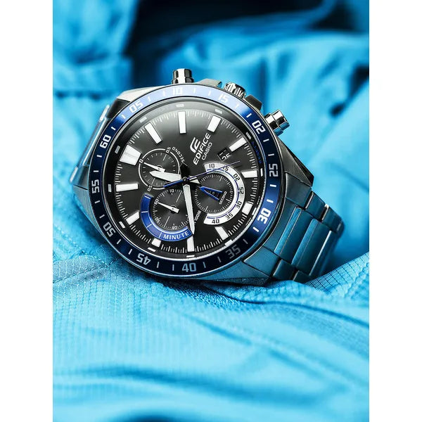 Casio Edifice férfi kronográf karóra, acél szíj, fekete-kék, WR100