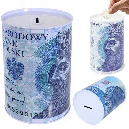 Fém persely konzervdoboz formában, bankjegy mintával, 12.5×8 cm