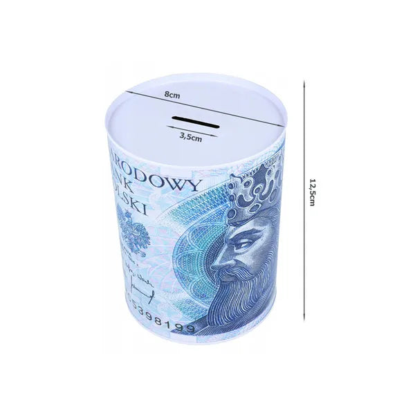 Fém persely konzervdoboz formában, bankjegy mintával, 12.5×8 cm