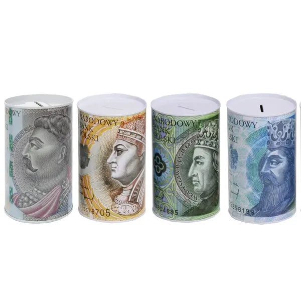 Fém persely konzervdoboz formában, bankjegy mintával, 12.5×8 cm