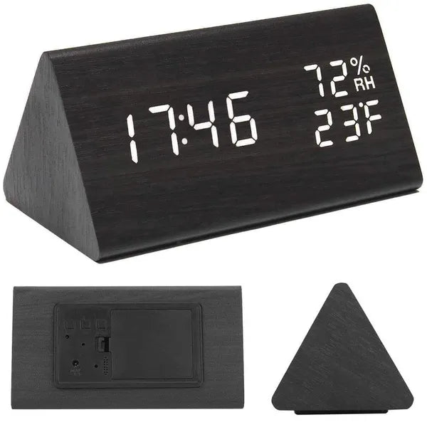 Fa hatású LED ébresztőóra hőmérővel és páratartalom-mérővel, 15×8 cm