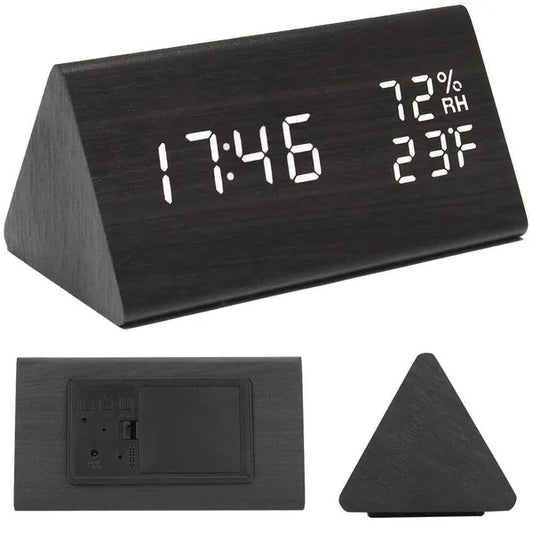Fa hatású LED ébresztőóra hőmérővel és páratartalom-mérővel, 15×8 cm