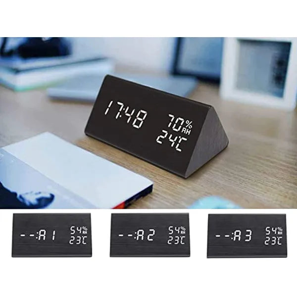 Fa hatású LED ébresztőóra hőmérővel és páratartalom-mérővel, 15×8 cm