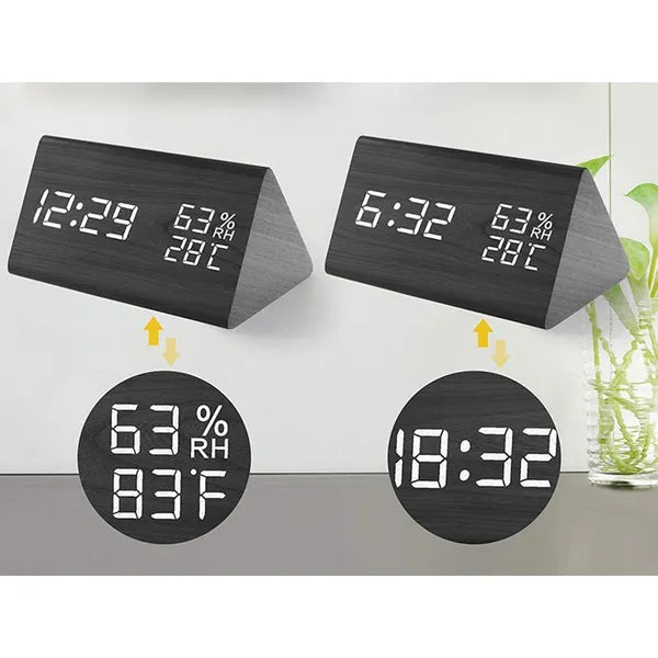 Fa hatású LED ébresztőóra hőmérővel és páratartalom-mérővel, 15×8 cm