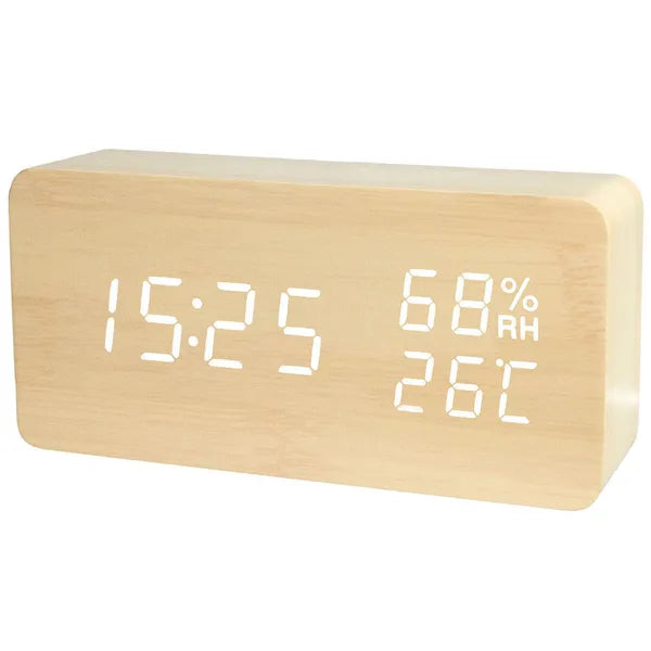 Fa hatású LED ébresztőóra hő- és páramérővel, USB/AAA, 15×7×4 cm