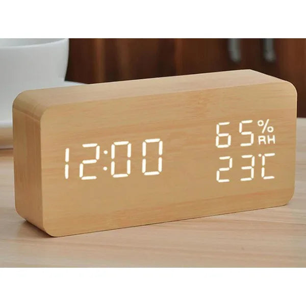 Fa hatású LED ébresztőóra hő- és páramérővel, USB/AAA, 15×7×4 cm