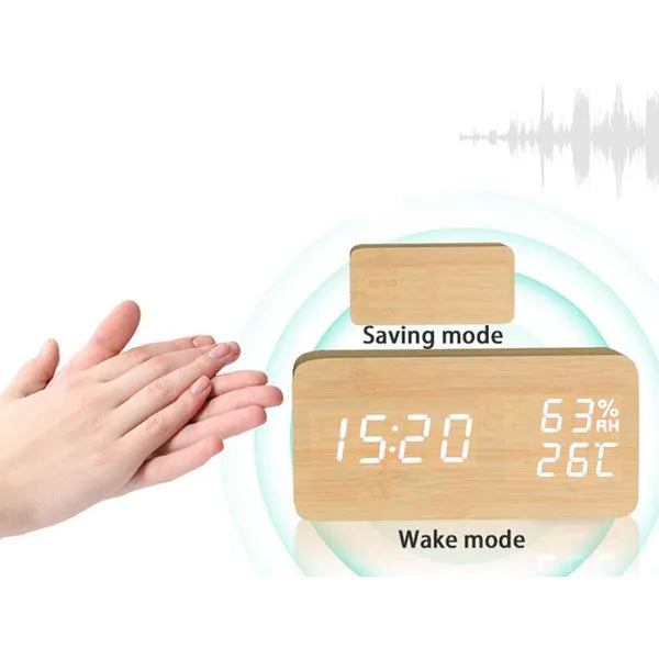 Fa hatású LED ébresztőóra hő- és páramérővel, USB/AAA, 15×7×4 cm