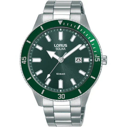 Lorus férfi szolár karóra 43 mm, fekete számlap, ezüst acél szíj
