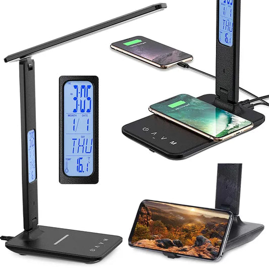LED asztali lámpa QI vezeték nélküli és USB töltővel, óra, 320 lm
