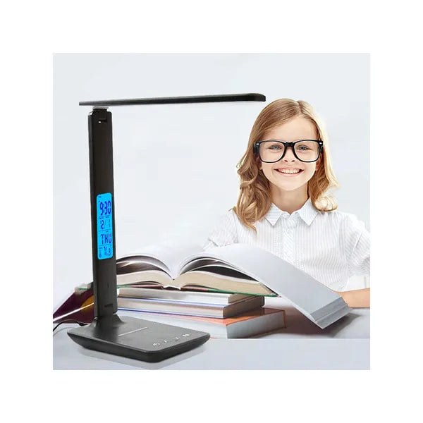 LED asztali lámpa QI vezeték nélküli és USB töltővel, óra, 320 lm