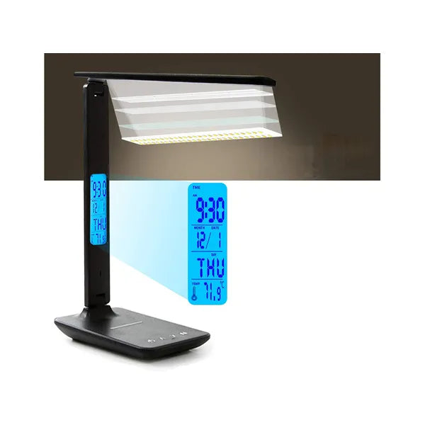 LED asztali lámpa QI vezeték nélküli és USB töltővel, óra, 320 lm