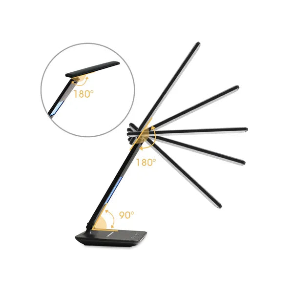 LED asztali lámpa QI vezeték nélküli és USB töltővel, óra, 320 lm
