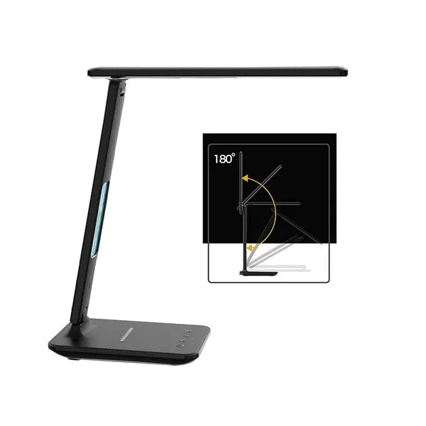 LED asztali lámpa QI vezeték nélküli és USB töltővel, óra, 320 lm