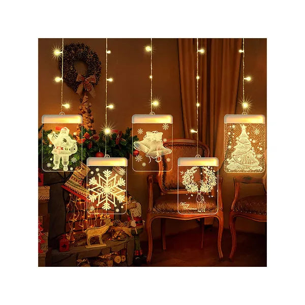 3D ólomüveg ablakdísz meleg fényű karácsonyi LED, elemes 17×11,5 cm